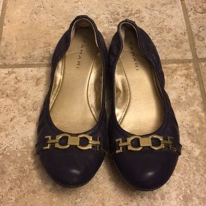 Dark purple Tahari flats with chain detail